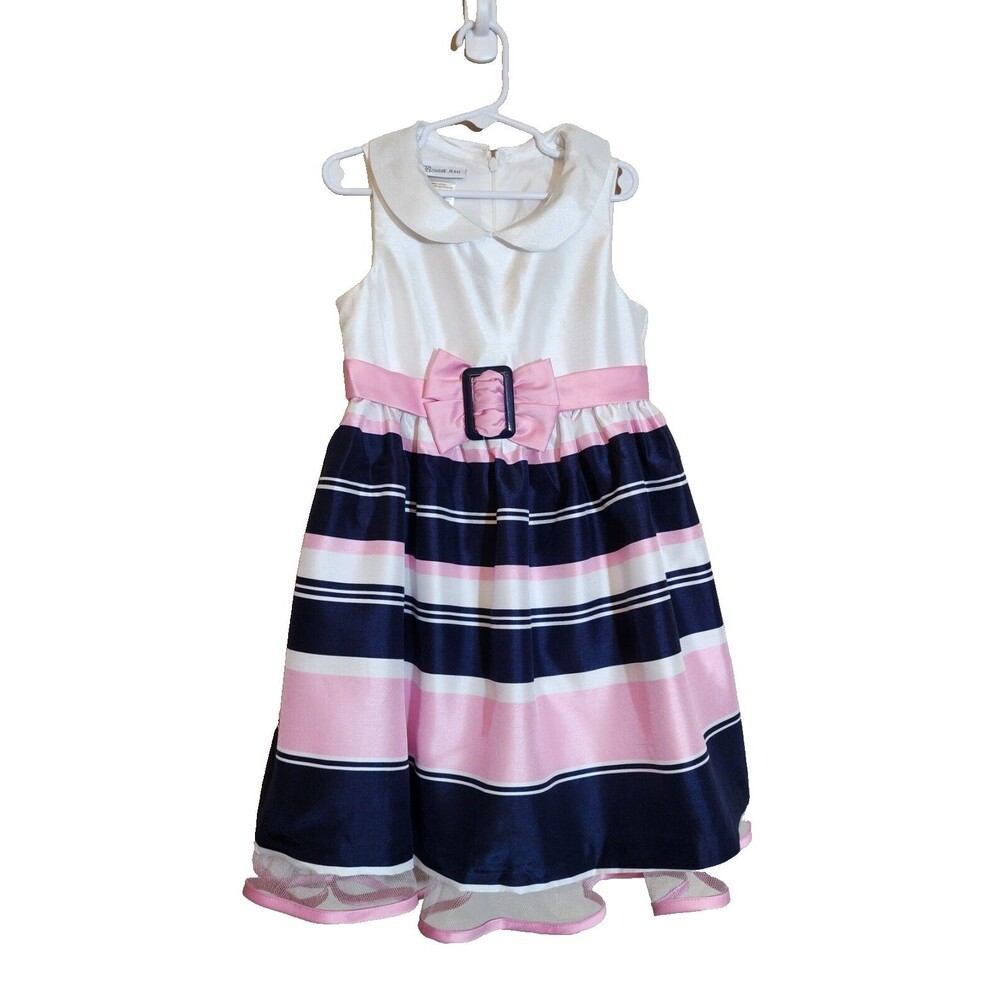 Bonnie Jean Sleeveless Striped Dress White Pink Navy Bow Holiday Girls Size 6
